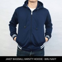 Jual Jaket Sweater Polos Baseball Varsity Hoodie unisex - Biru Navy Murah