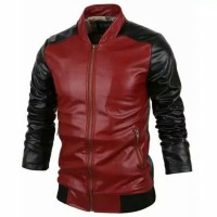 Jaket/blazer semi kulit baseball merah-hitam