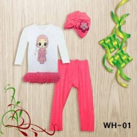 Setelan Baju Celana Topi Muslim Anak Bayi Perempuan 1 Tahun Merah Bung