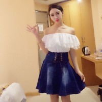 Jual KLW - Cute Sexy Dress Sabrina Putih Mix Denim Jeans biru gelap, terang Murah
