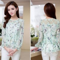 Jual Atasan Blouse Import Korea Chiffon Renda Hijau Muda Mofif Floral 510 Murah