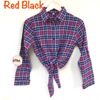 Jual kemeja collar tartan tali ikat jangkis katun flanel merah hitam crop Murah