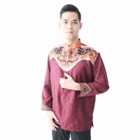 Jual Baju Koko Pria Lengan Panjang Aplikasi Batik Muscular - Merah Murah