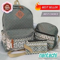 Jual Tas Ransel Wanita/Sekolah Polka Etnic Abu 3in1 Murah