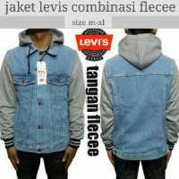 Jaket Jeans Denim Levis Hoodie Pria Biru Muda Kombinasi Fleece Abu