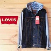 Jaket Jeans Denim Levis Hoodie Pria Biru Dongker Kombinasi Fleece Abu