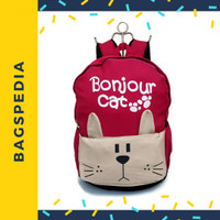 Tas Ransel Wanita Kode CP-007C Motif Bonjour Cat Warna Pink Fanta Crem