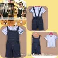 Baju Anak Branded Import Fashion Setelan Overall Jeans Set Tee Stripe