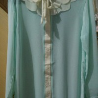 Jual atasan kemeja blouse mint / toska muda ruffle lengan panjang Murah