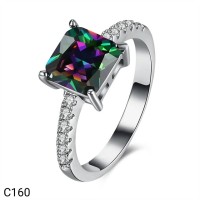 Cincin Lapis Emas Putih 18K Batu CZ Rainbow Mistyc Quartz C160