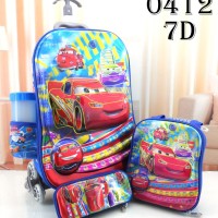 TAS SEKOLAH ANAK TROLLEY 7D 6 RODA TROLLY 4IN1 SET MOTIF CARS TIMBUL