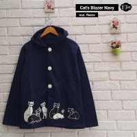 Jual Baju Atasan Wanita Sweater Cewek Biru Fleece Cats Blazer Navy Cardigan Murah