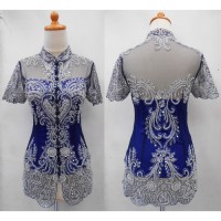 Jual Atasan Kebaya wisuda Modern Lengan pendek Krah Shanghai + kemben, Biru Murah