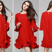 Jual DRESS PREMIUM - Women's Pleated Ruffles Red Retro Dress Murah