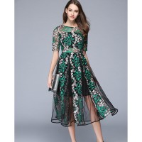 Jual DRESS PREMIUM - Tulle Gauze Flower Floral Embroidery Vintage Long Dres Murah