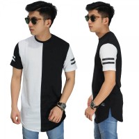 Jual Longline T-Shirt Black And White/ kaos longshirt kombinasi hitam putih Murah