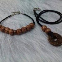 Jual Set Kalung Gelang Vintage Etnik Manik Kayu Motif Bunga Murah