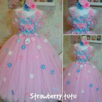 Jual dress tutu flower pink&blue &headband Murah