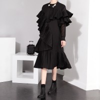 Jual DRESS KOREA - Pleated Chiffon Sleeve Side Ruffles Long- PREMIUM Dress Murah