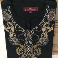 Jual Baju Koko Foxton Model Uje Corak Hitam Kembang Putih Emas Ukuran L Murah