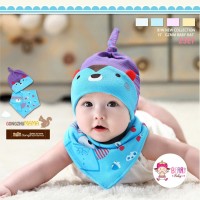 Jual Set Kupluk Bayi Slabber Korea Bear Sky Biru Murah