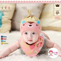 Jual Set Kupluk Bayi Slabber Korea Bear Pink Murah