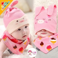 Jual Set Topi Kupluk Bayi Slabber Korea Cute Animal Pink Pig Murah