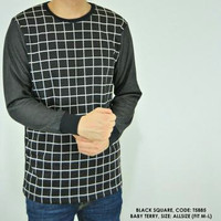 Jual Kaos Panjang Sweater Switer Pria Polos Hitam Kombinasi Kotak Murah