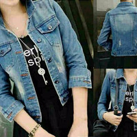 Jual Jaket Nancy Levis Denim Outer Hijab Wanita Blazer Murah Biru Muda A113 Murah