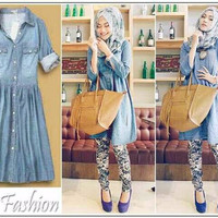 Jual Dress Jeans Tunik Wanita Denim Atasan Kerja Kuliah Hangout Murah A114 Murah