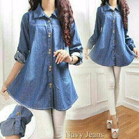 Jual Kemeja Babydoll Jeans Denim Atasan Lengan Panjang Ukuran Jumbo A164 Murah