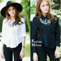 Jual Baju blouse kemeja peplum tangan panjang merah polos bangkok berkerah Murah