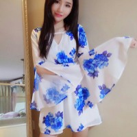 Jual b30812 flare hand dress biru putih sexy low back less chiffon Murah