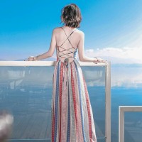 Jual b30801 long dress sexy low back less tie up stripe pink merah bir Murah