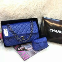 Tas Wanita Branded Chanel Maxi Anak Set Pouch Black Nickel Warna Biru