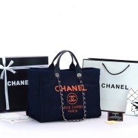 Tas Chanel Deauville Medium Denim Jeans Tote Biru Dongker MIRROR ORI