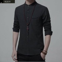 BAJU KOKO VIRENDRA BLACK POLOS kemeja muslim pria distro murah