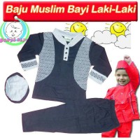 Baju Koko Bayi Rompi Etnik + Peci +Celana,Setelan Muslim Anak 6-12 bln