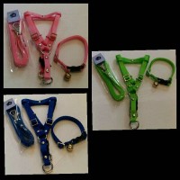 1 set kalung lonceng + harness badan + tali tuntun 1 cm anjing kucing