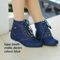 Jual Sepatu Korea Boot Boots Flat Wanita Jeans Denim Biru!! Murah