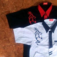Kemeja Hem Pria Slim Hitam Putih Merah Batik Lengan Pen Diskon