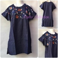 Jual Dress Denim Jeans Embroidery Flower Orange Murah