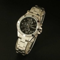 JAM TANGAN WANITA - GUESS RANTAI PLAT HITAM CHRONO VARIASI