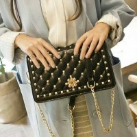 TF1277 Tas Fashion Impor Wanita Tali Rantai Kulit Hitam