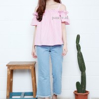 Jual Baju Atasan Blouse Wanita Strip Frill Off Shoulder Sabrina Pink Murah
