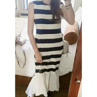Jual b30860 long dress mermaid frill salur stripe garis hitam putih chiffon Murah