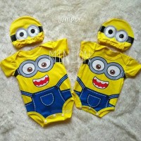 Jual Jumper Bayi Minion + Topi Baju Jumpsuit Lucu Kostum Karakter Baby Murah
