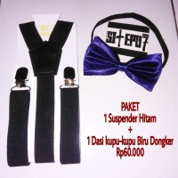 Jual Paket Suspender Hitam dan Dasi kupu-kupu Biru Dongker. Murah