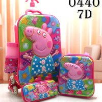 Jual TAS SEKOLAH ANAK TROLLEY TROLI 7D 6 RODA TROLY 4IN1 MOTIF PEPPA PIG Murah