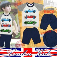 Jual Baju Setelan Anak Laki London Kids LK Mobil Putih Abu Celana Dongker Murah